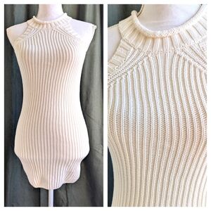 White Sweater Knitted Halter Neck Mini Sweater Dress Small